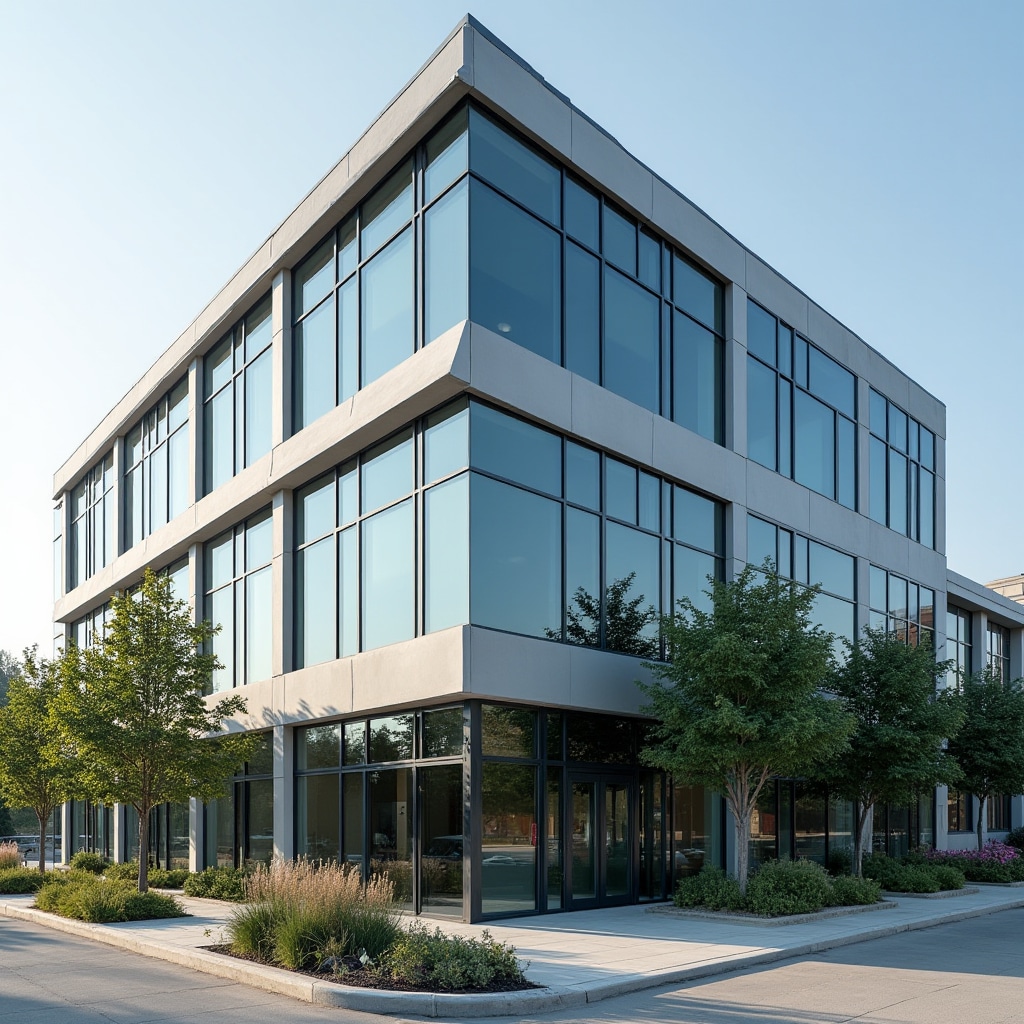 Modern commercial office building with glass curtain wall facade, multiple floors, and professional landscaping at entrance