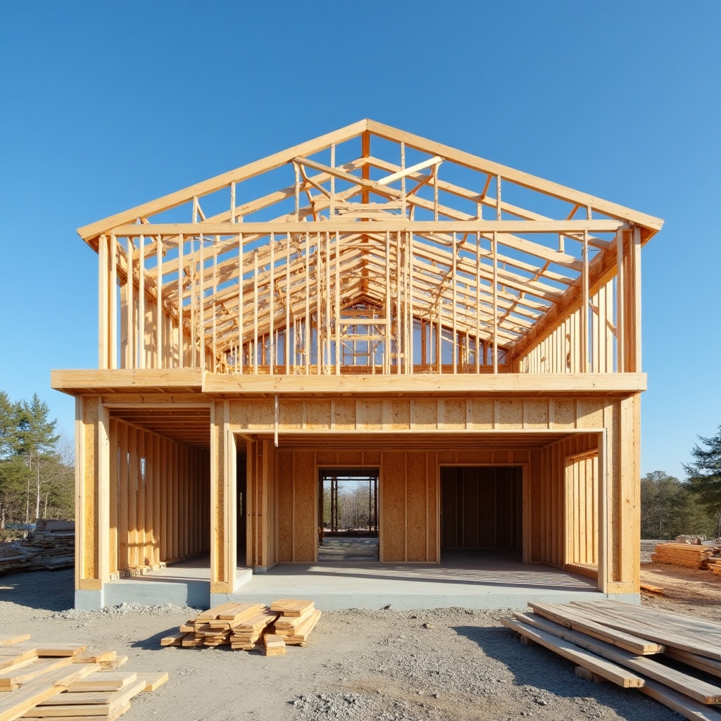New residential construction showing wooden framing structure, roof trusses, and foundation work in progress under clear sky