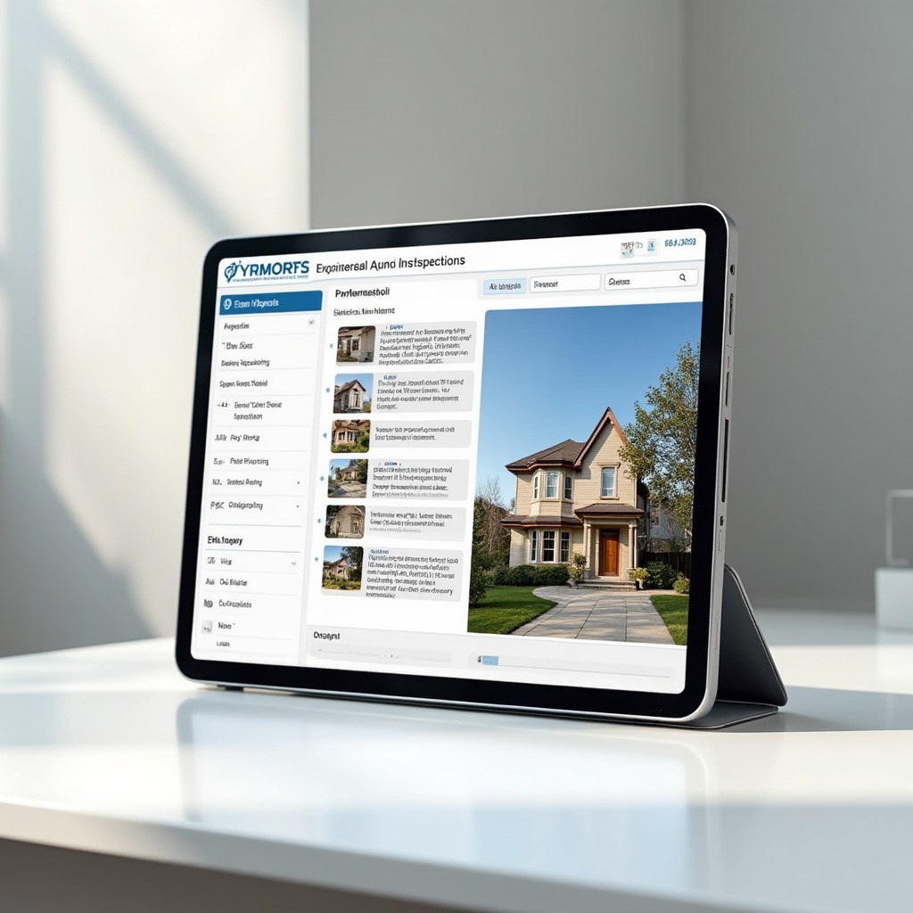 Modern tablet displaying interactive property inspection report with clear navigation, high-resolution photos, and organized sections