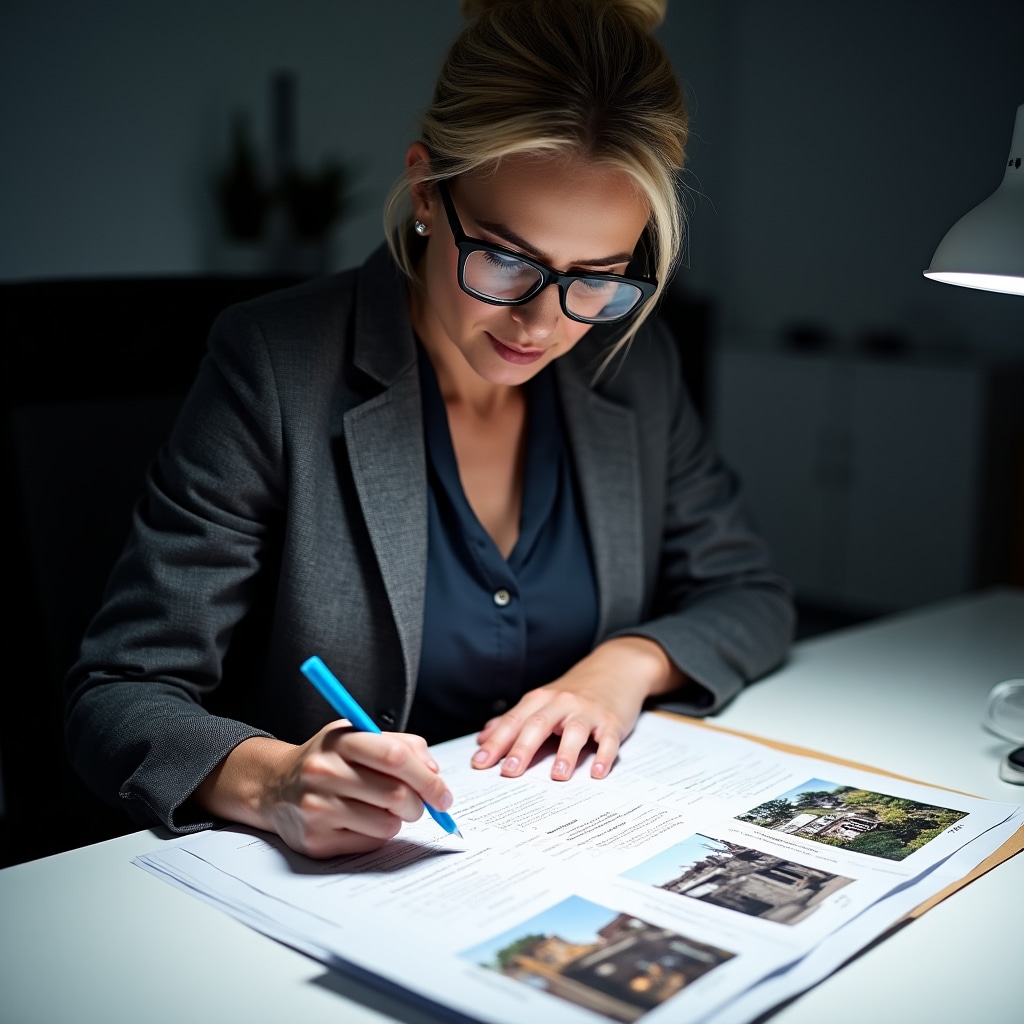 Professional reviewing detailed property inspection report with photographs, highlighting sections with pen while seated at modern desk
