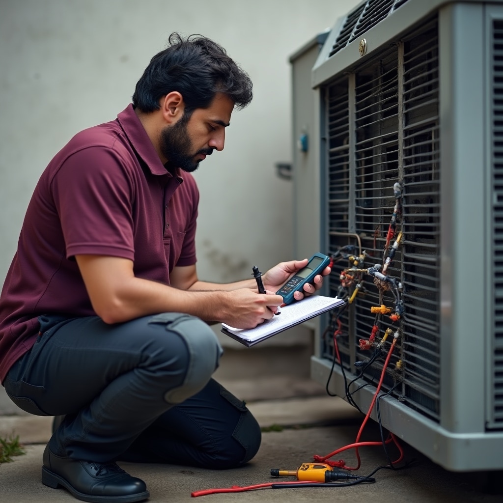 Inspector examining outdoor HVAC condensing unit with diagnostic tools, checking refrigerant lines and electrical connections