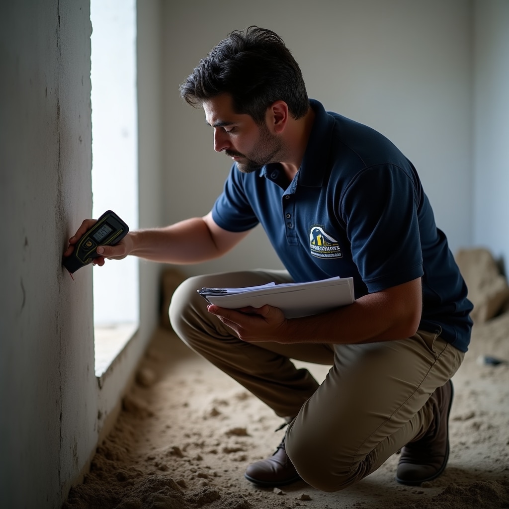 Professional inspector examining building foundation with specialized equipment