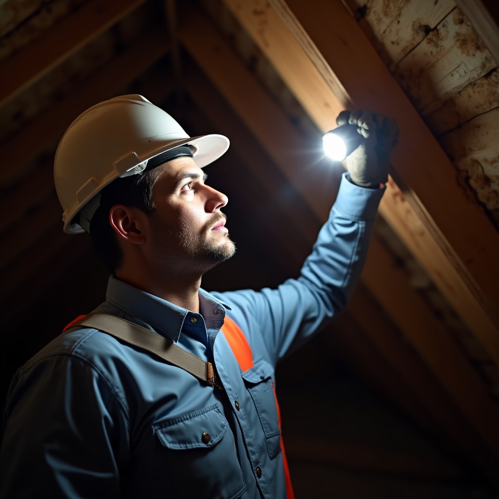 Inspector in attic space examining roof framing structure and ventilation with high-powered flashlight