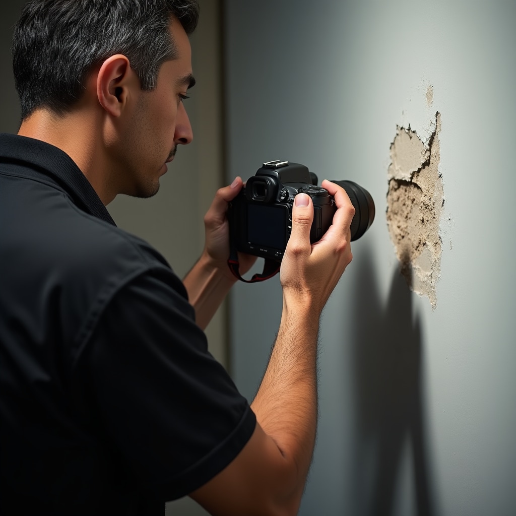 Inspector using professional camera to photograph and document visible building defect with proper lighting and detailed close-up angle