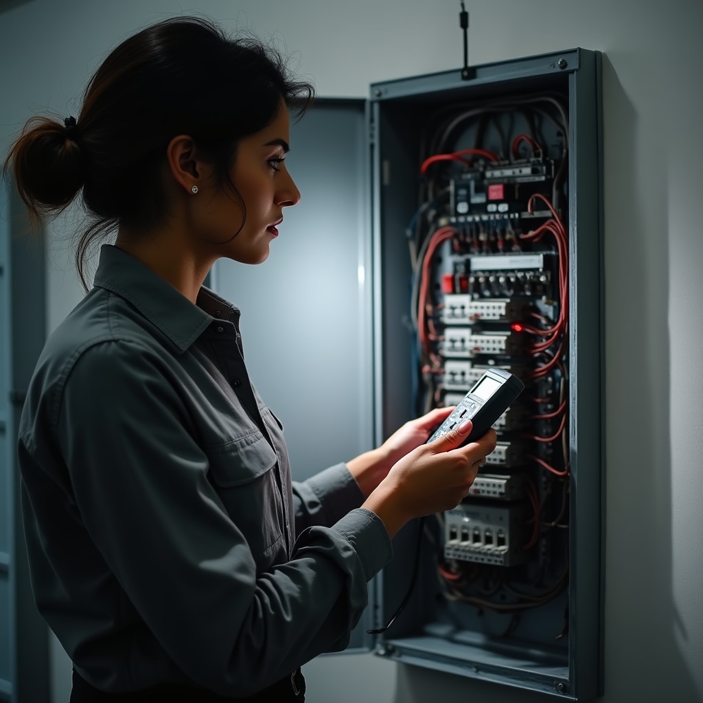 Inspector carefully reviewing electrical service panel with diagnostic equipment and flashlight