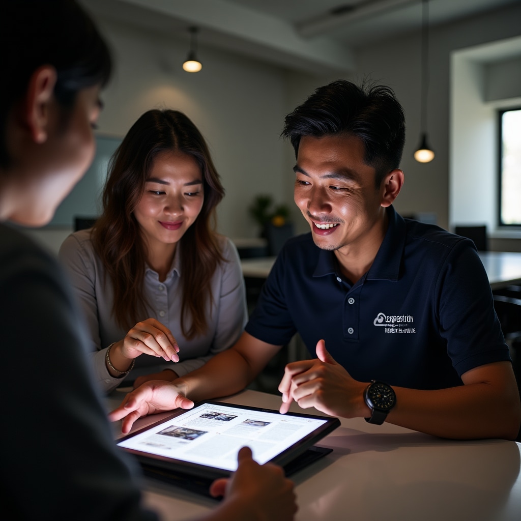 Professional inspector discussing inspection findings with homeowner using tablet and pointing to building features during consultation
