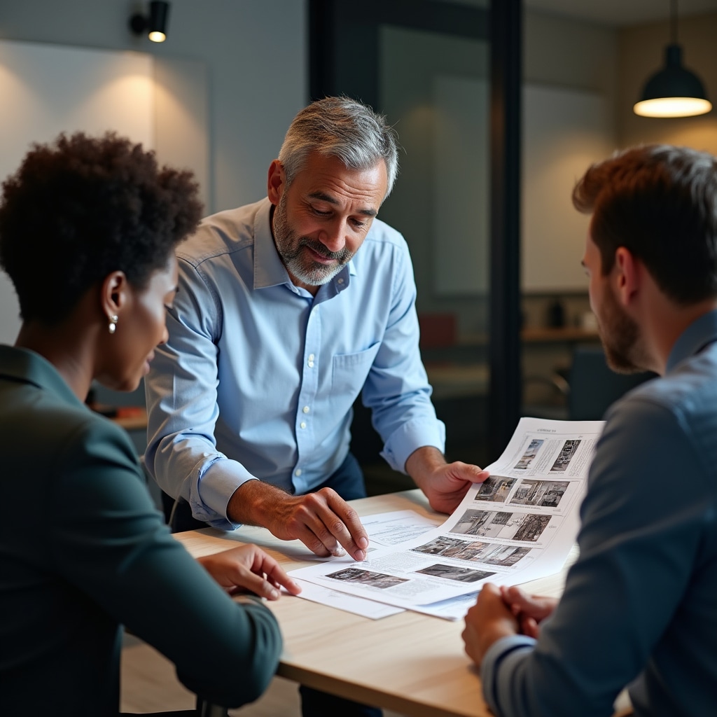 Inspector explaining inspection report findings to clients at conference table, pointing to specific sections and photographs in document