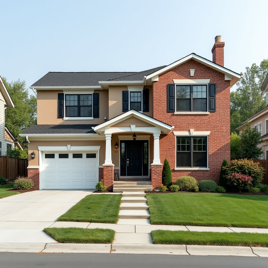 Well-maintained two-story residential home with brick facade, landscaped front yard, and modern architectural details