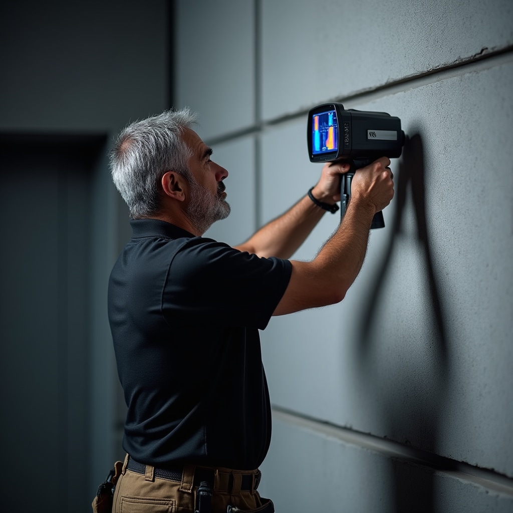 Professional using thermal imaging camera to scan building exterior wall for temperature variations and insulation issues